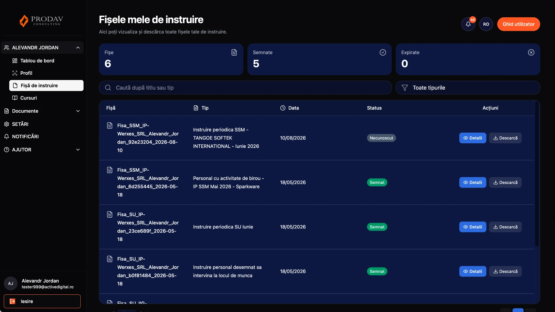Lista fișelor de instruire ale angajatului cu status semnat sau expirat