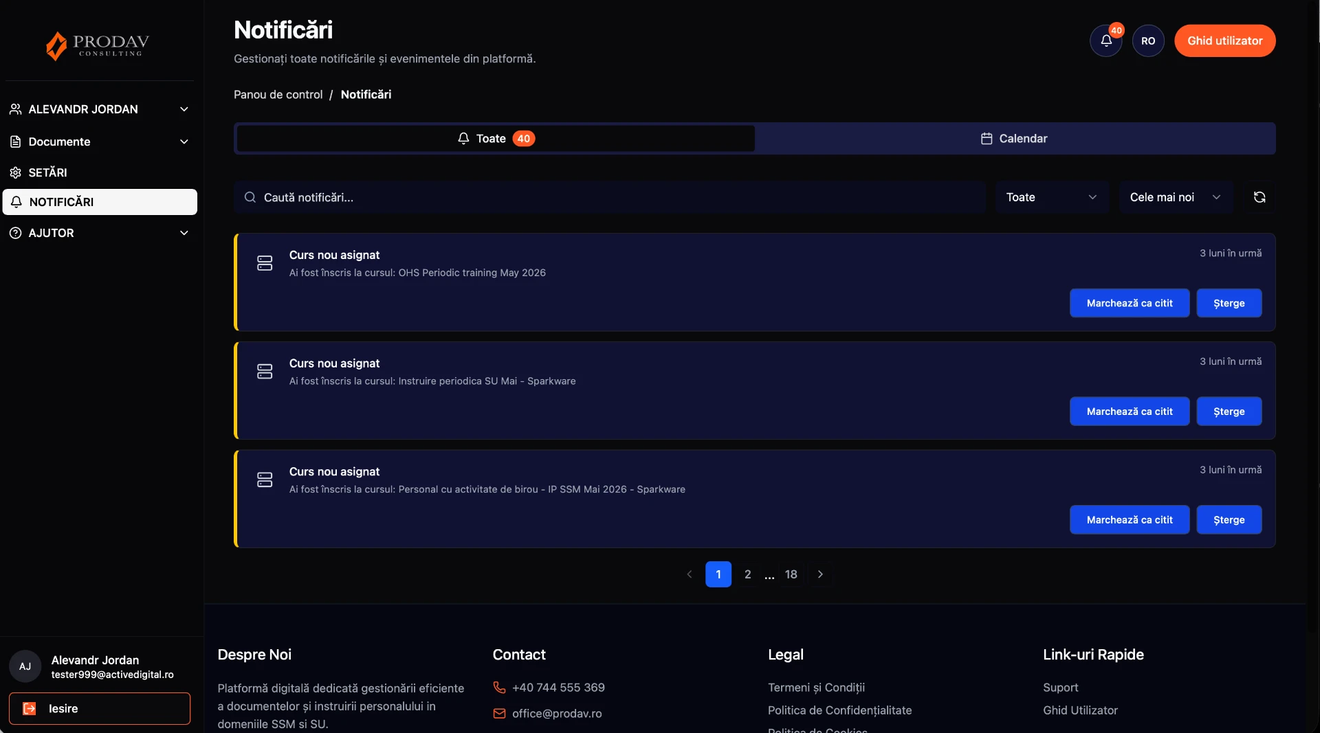 Centrul de notificări al angajatului cu cursuri nou asignate