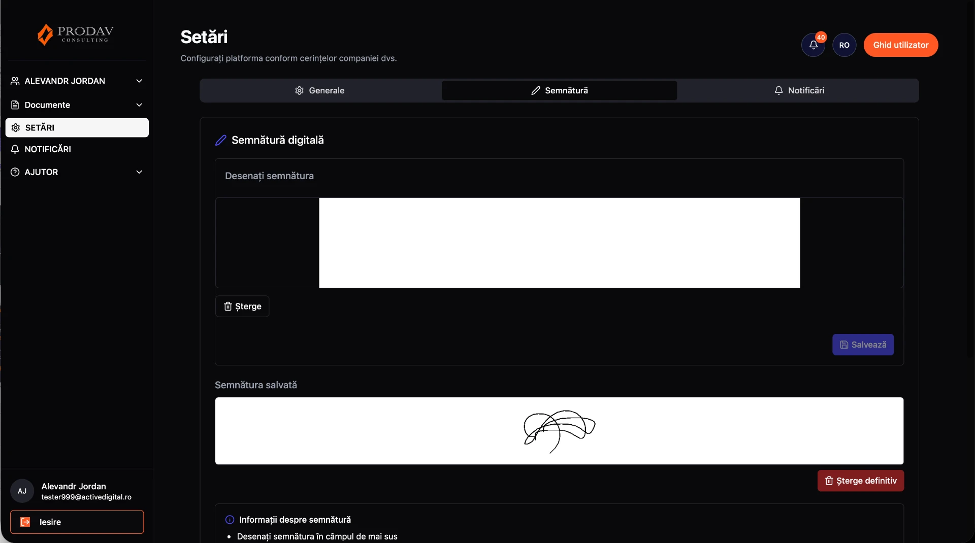 Ecranul de setare a semnăturii digitale a angajatului