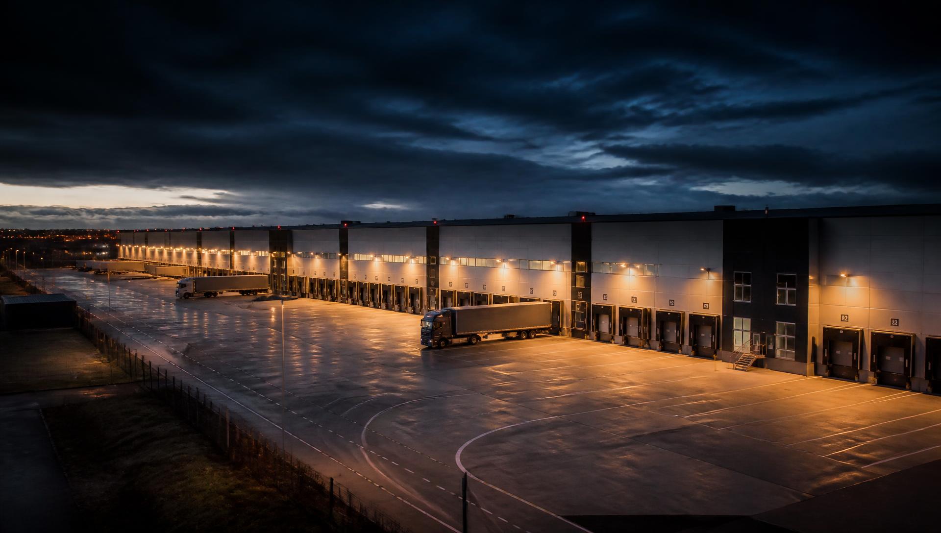 Centru logistic modern la ora albastră, cu rampe de încărcare iluminate