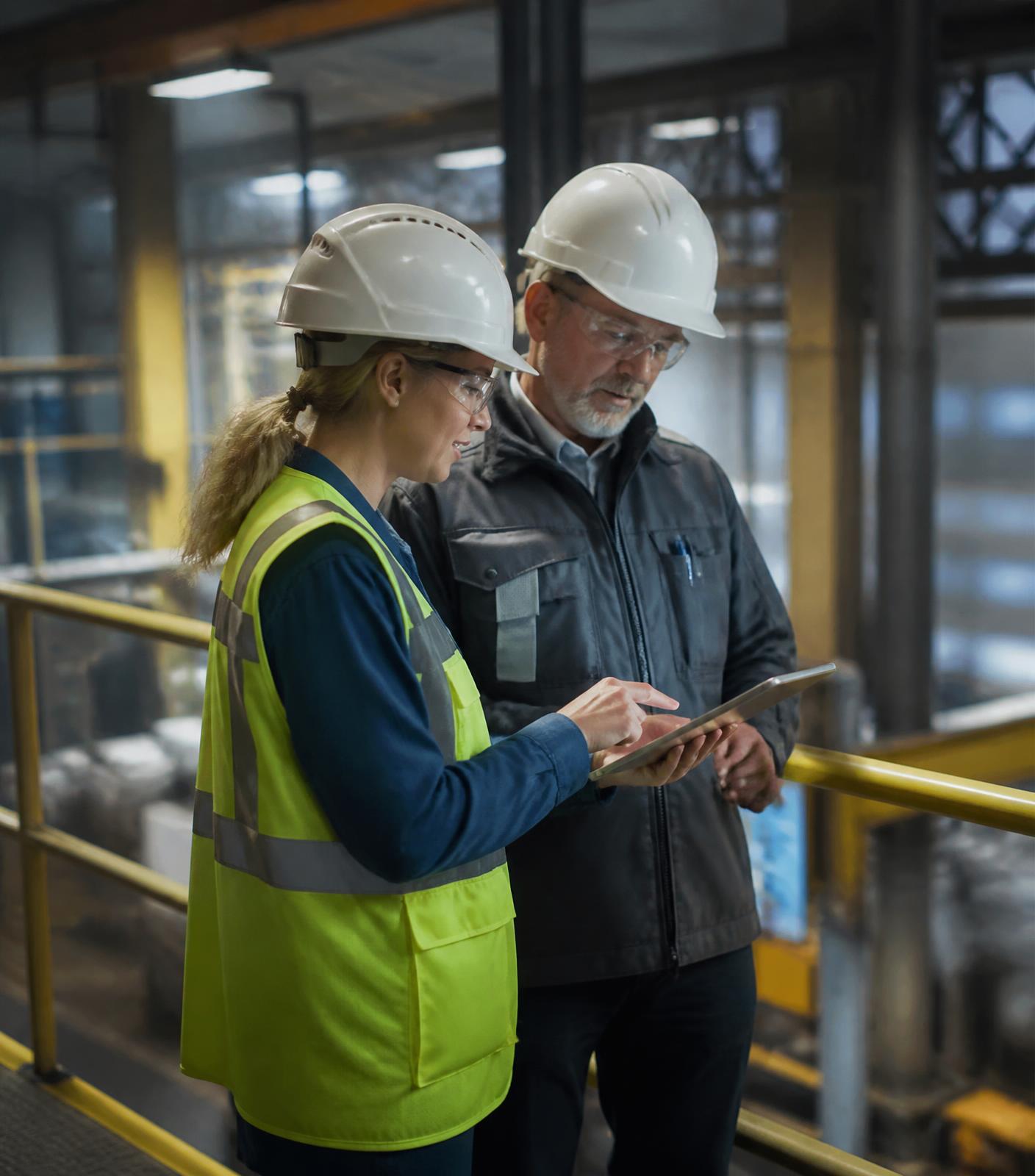 Doi specialiști analizând date de conformitate pe o tabletă, într-o hală industrială