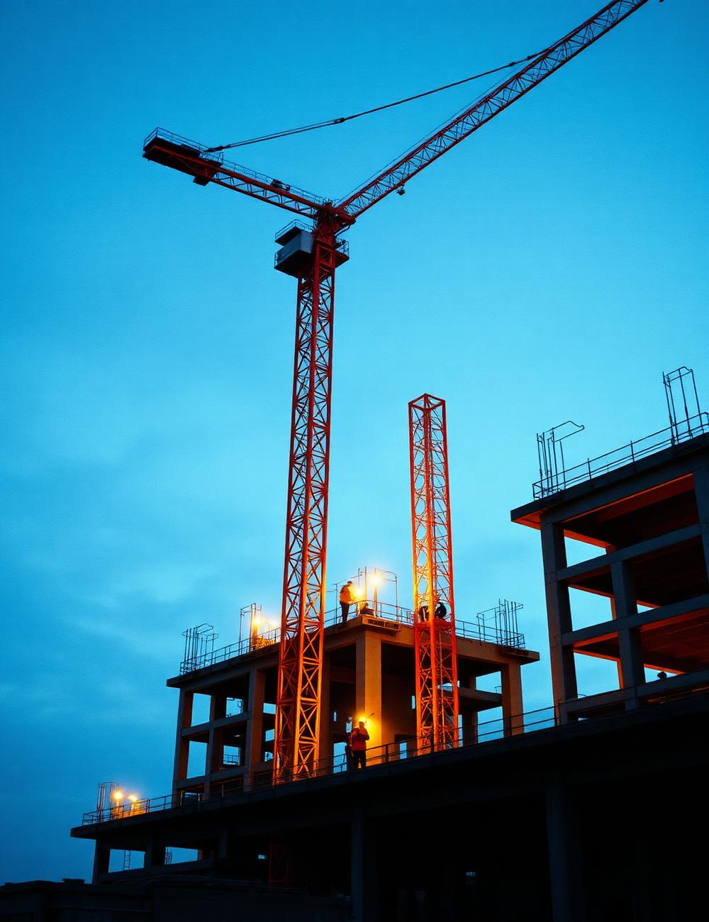 Macara și structură de beton pe un șantier la apus