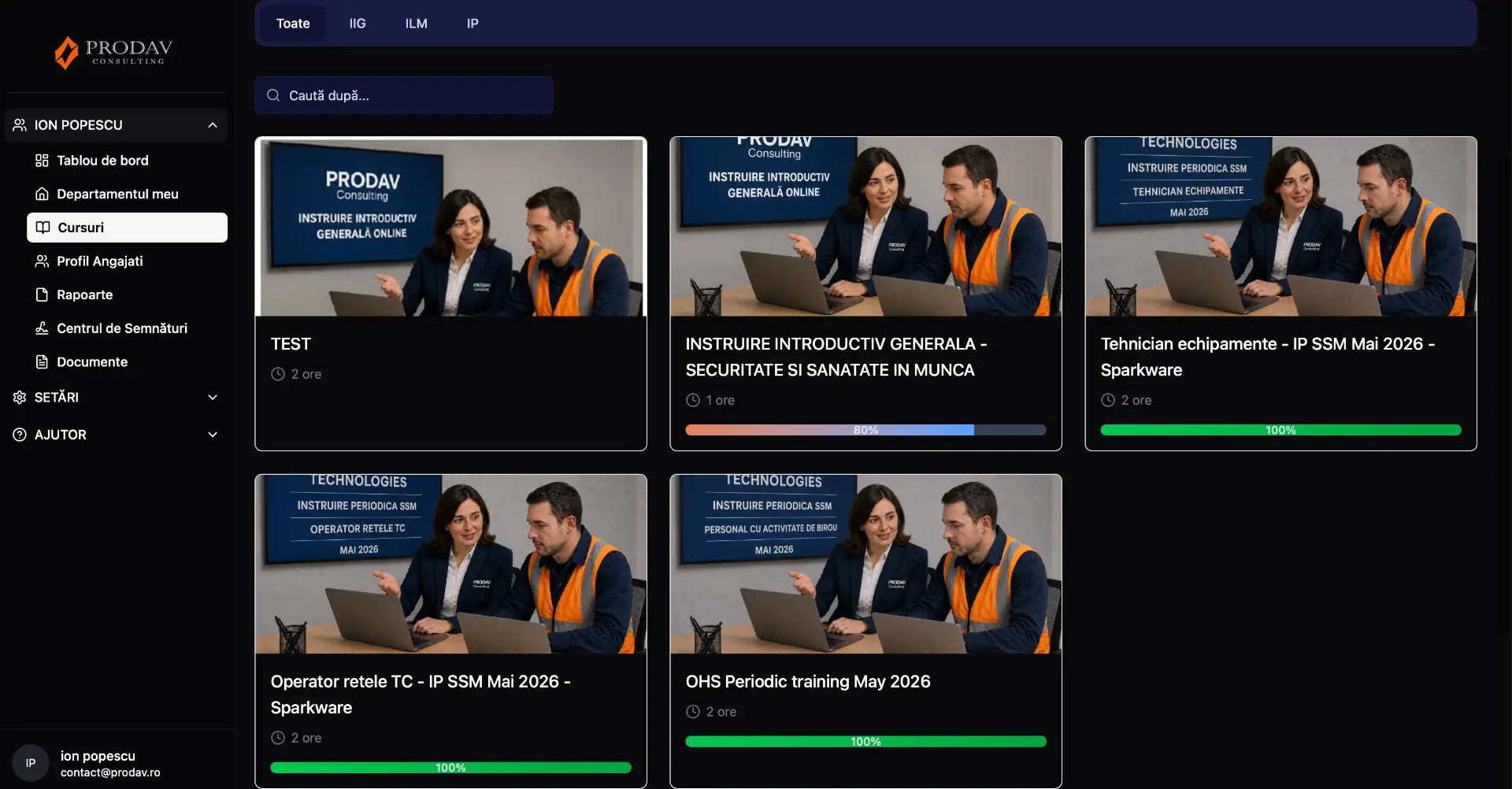 Lista de cursuri din platforma PRODAV, cu bare de progres pe fiecare instruire