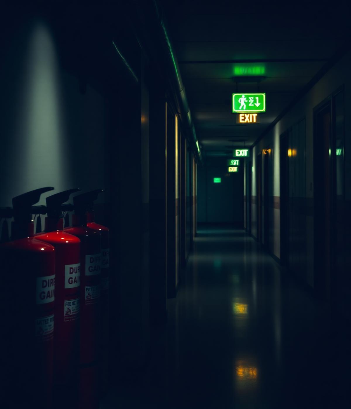 Stingătoare și indicator luminos de evacuare pe un coridor industrial